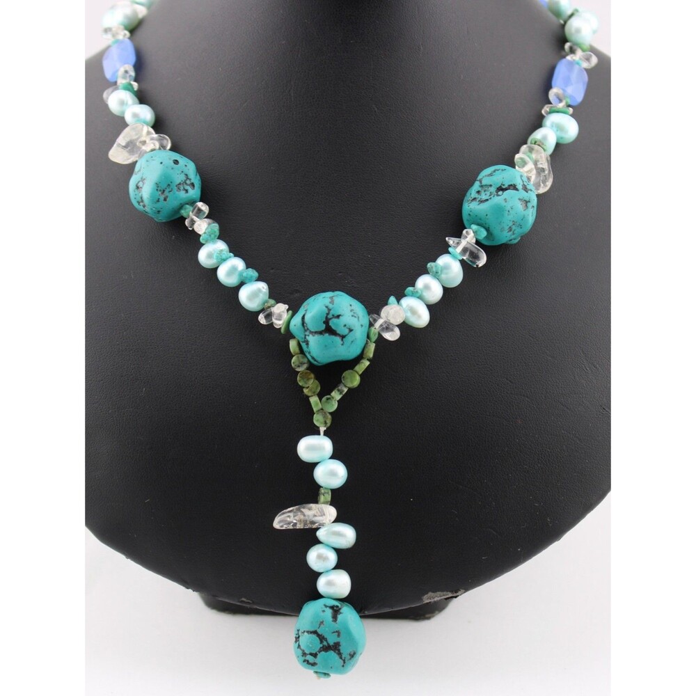 Blue Green Crystal Dyed Turquoise Freshwater Pearl Quartz Chip Bead Necklace 18"